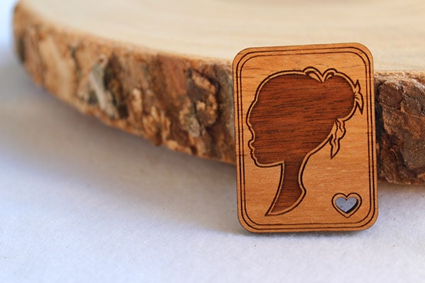 Wood laser cut brooch - heart and girl silhouette rectangle square cameo