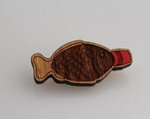 Laser cut wood brooch Japanese sushi soy sauce fish handpainted
