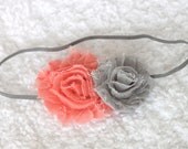Coral and gray shabby chic chiffon flower headband - Baby Headband - Infant Headband