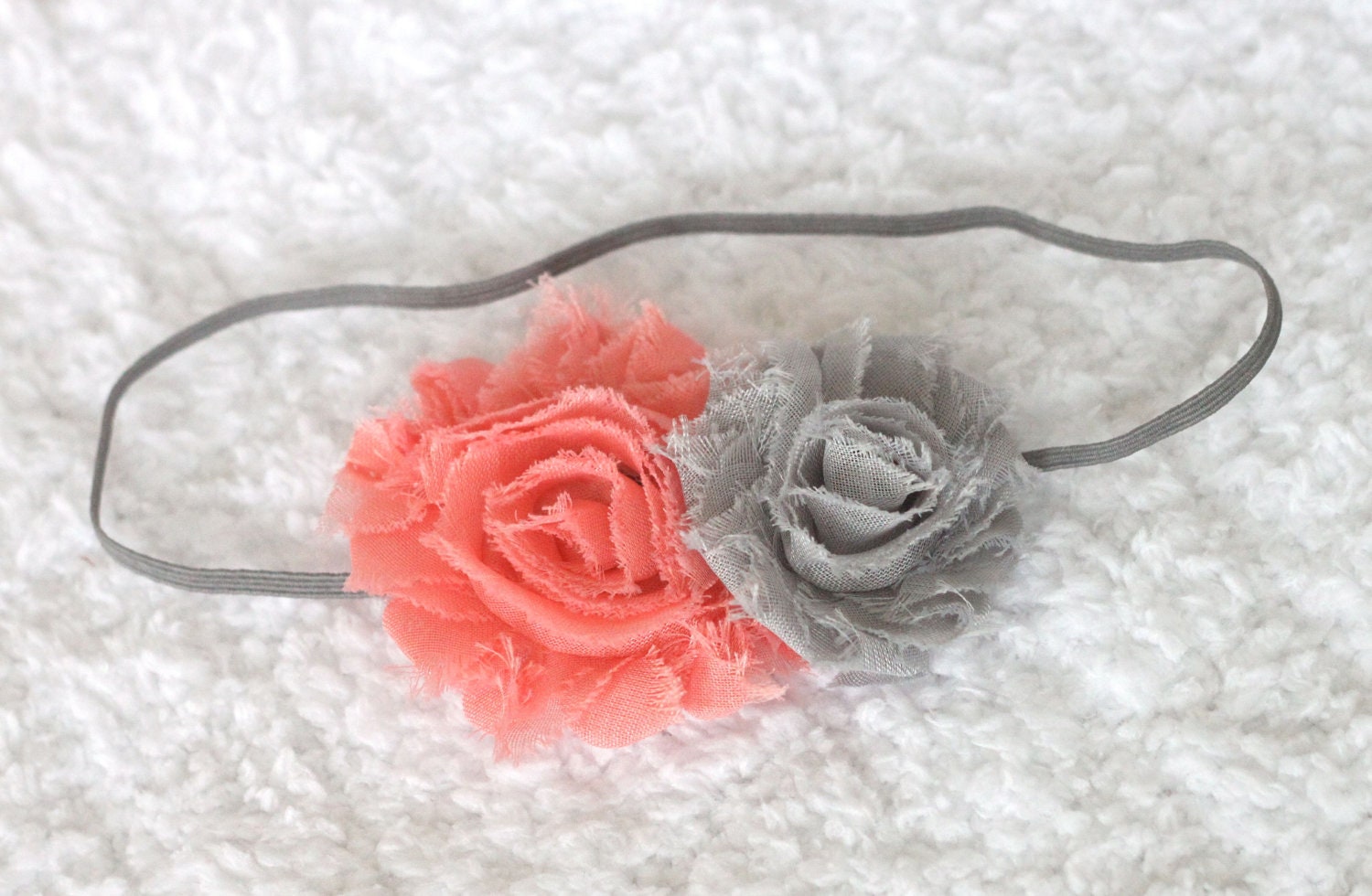 Coral and gray shabby chic chiffon flower headband - Baby Headband - Infant Headband