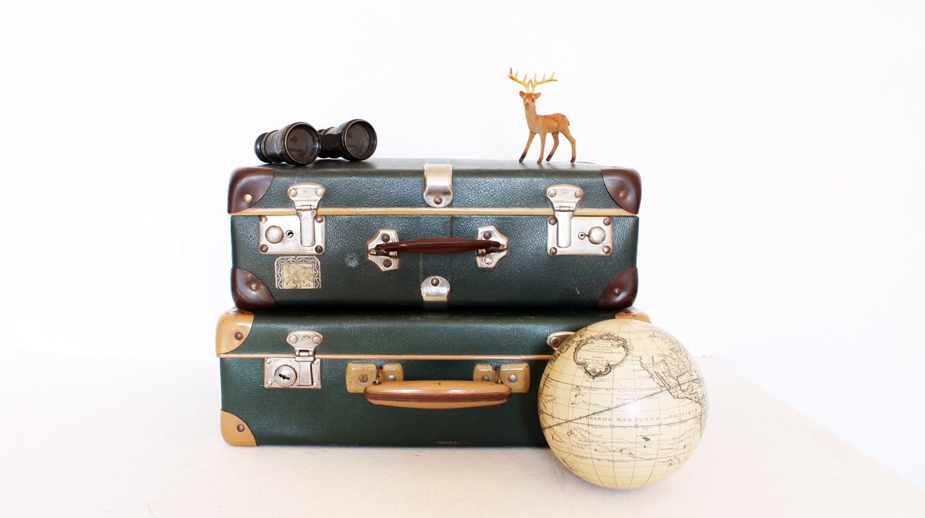 Vintage retro emerald green and cream suitcase