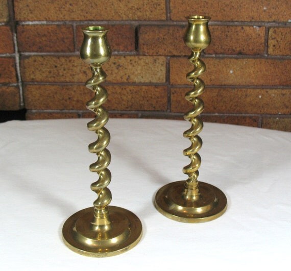 Pair of Vintage Spiral Brass Candlesticks marked by VintageReader