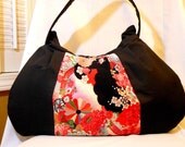 Japanese Fabric Bag Hobo Bag Kimono Purse Zipper Handbag Shoulder Purse Authentic Japanese Kimono Fabric Floral Heaven Red Black  - In Stock