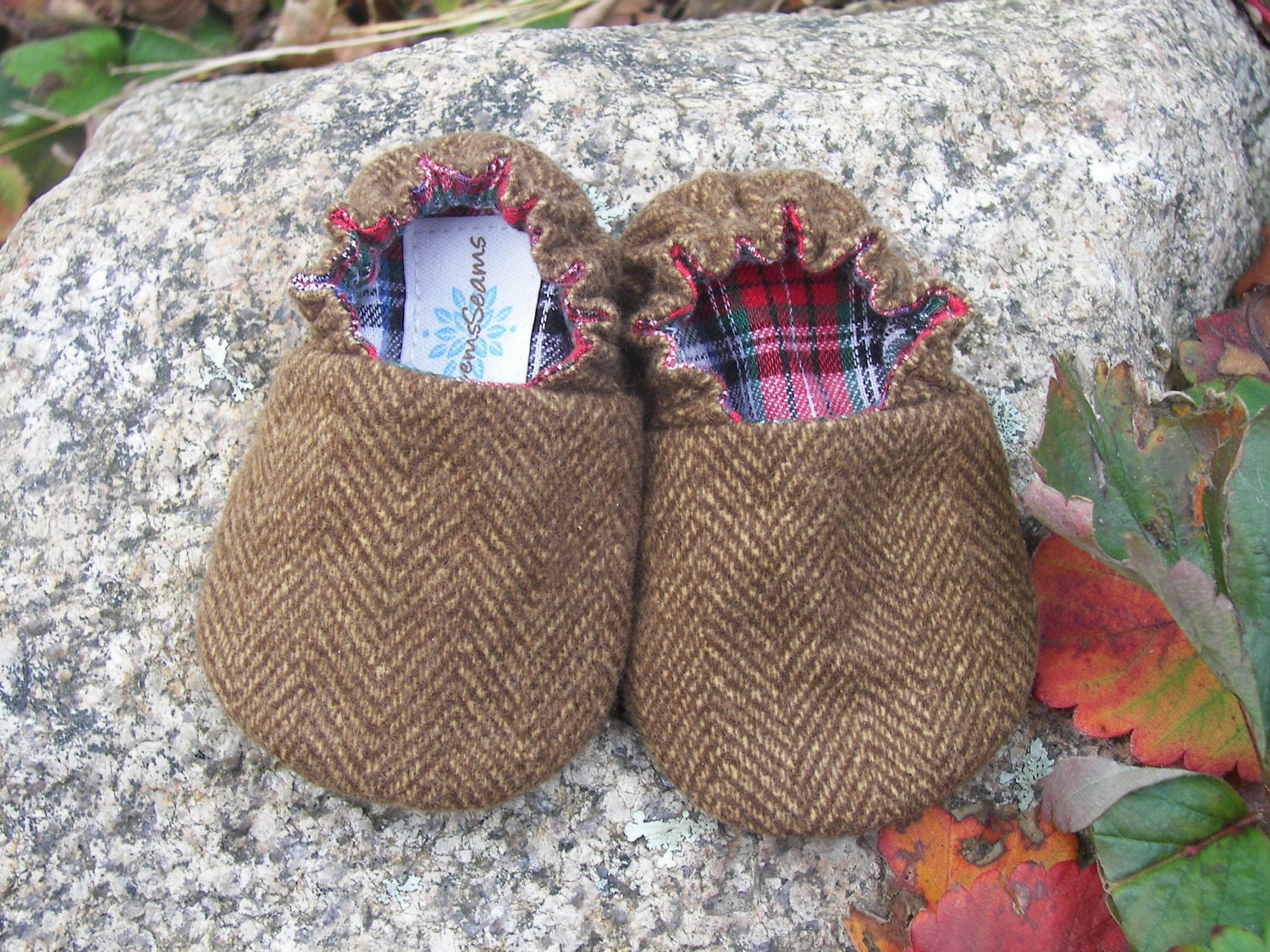 Herringbone Baby Shoes--Toffee Brown Flannel--holiday--Christmas--fully reversible