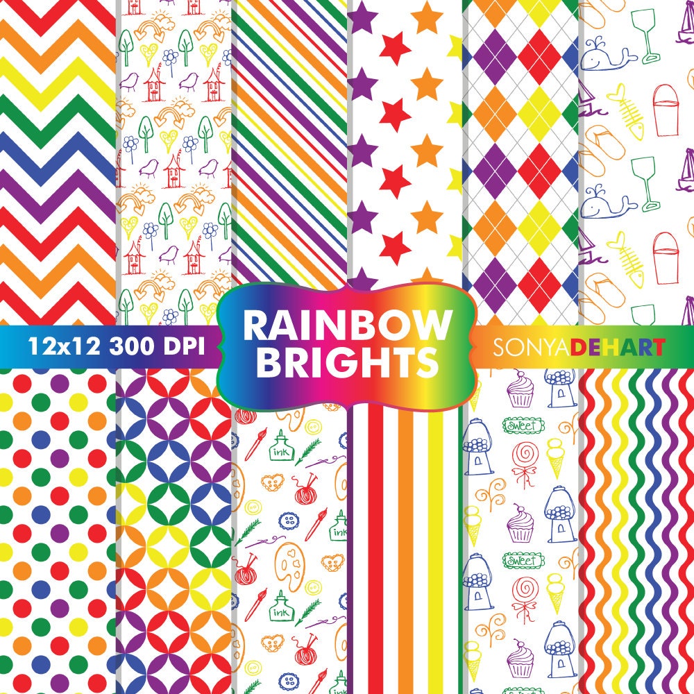 Digital Scrapbooking Printable Paper Pattern Pack Rainbow Brights Instant Download Il_570xn