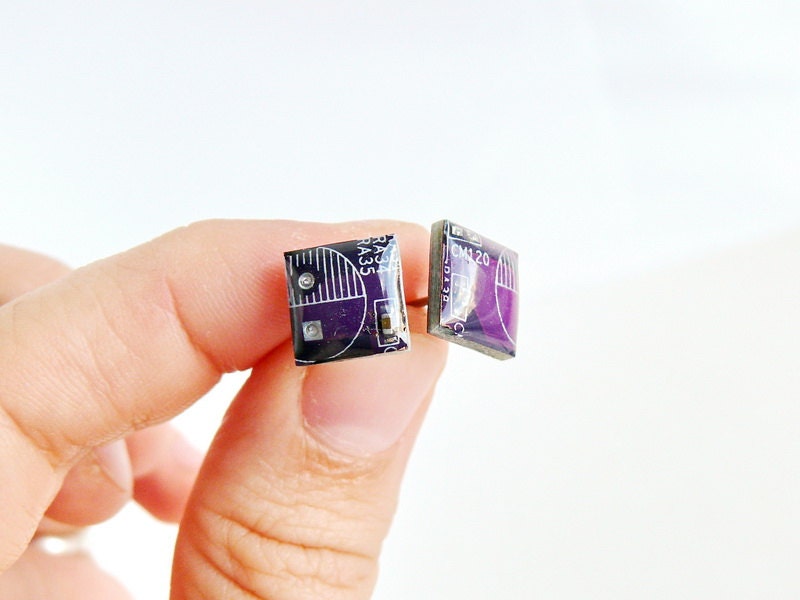 Tiny post earrings - purple motherboard - recycled computer e472