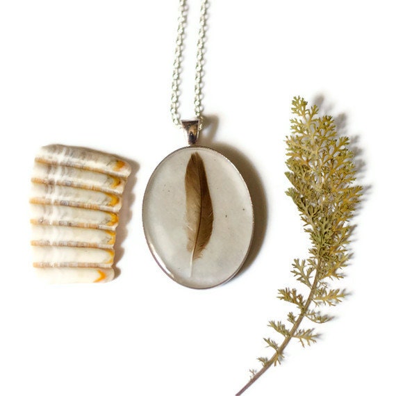 real feather resin necklace black Feather pendant sheen nature black and white cream set in silver bird woodlands