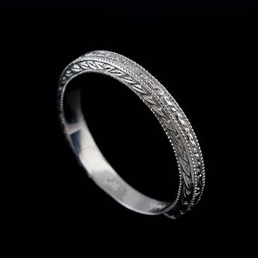 14K Solid White Gold Art Deco Style Engraved Milgrain Wedding Band Ring
