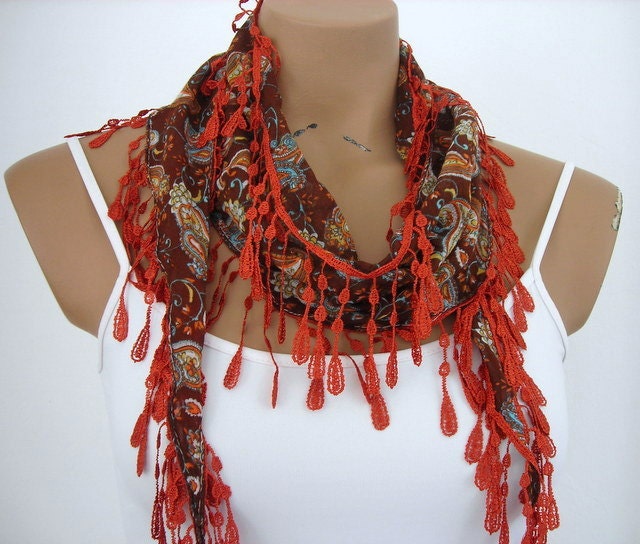 Triangle Women Scarf Cotton Scarf in Brown Cinnamon Paisley Scarf