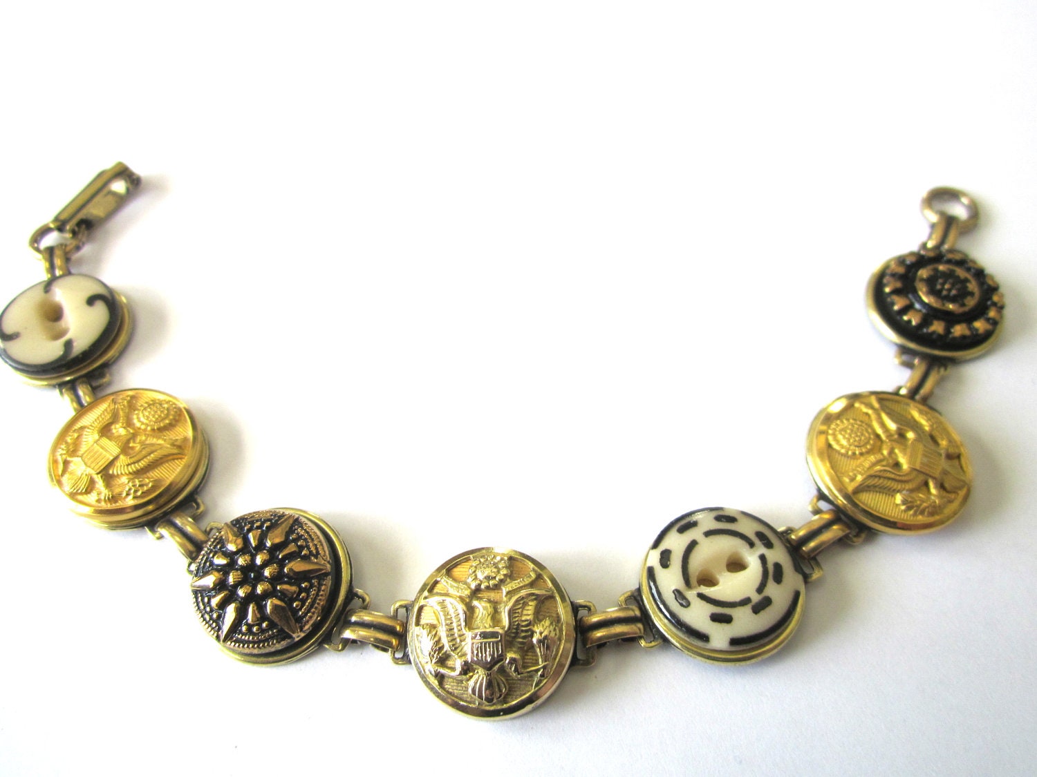 WEST POINT, ARMY antique button bracelet, 1800s buttons, black glass with gold buttons
