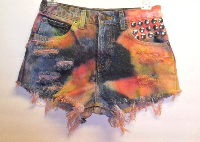 High Waist Tie Dye Denim Shorts with Studs Waist 26 inch