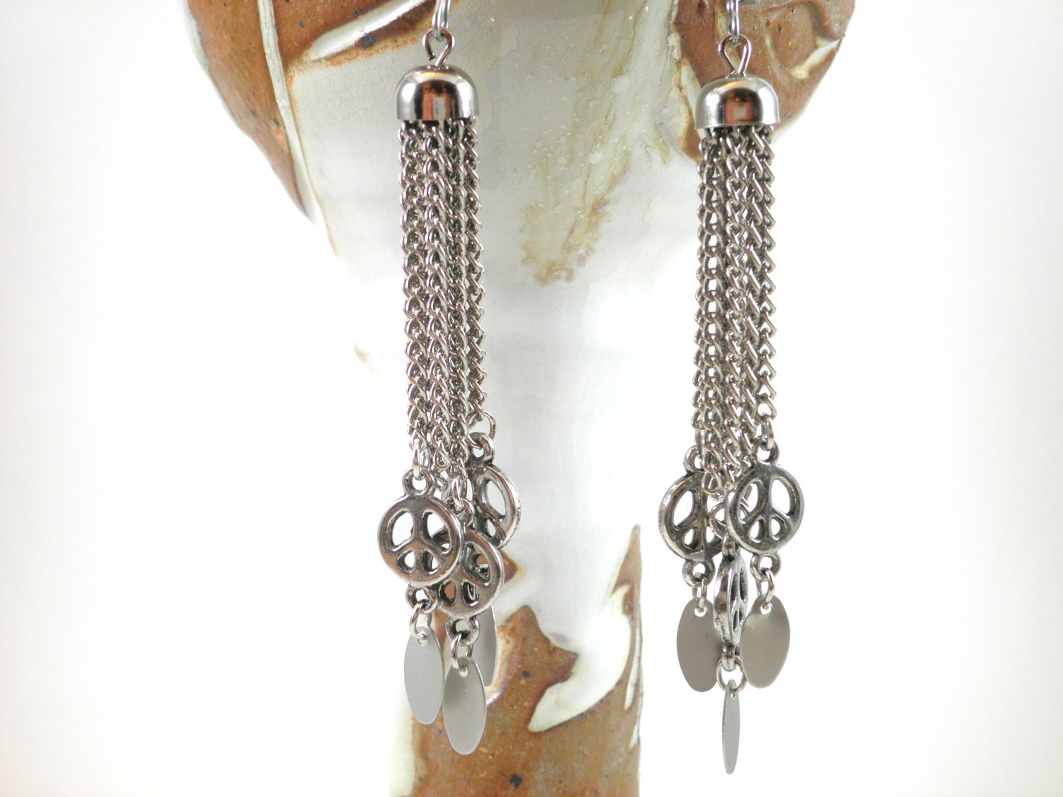 Peace Sign Earrings Metal Tassel Shoulder Duster Long Earrings