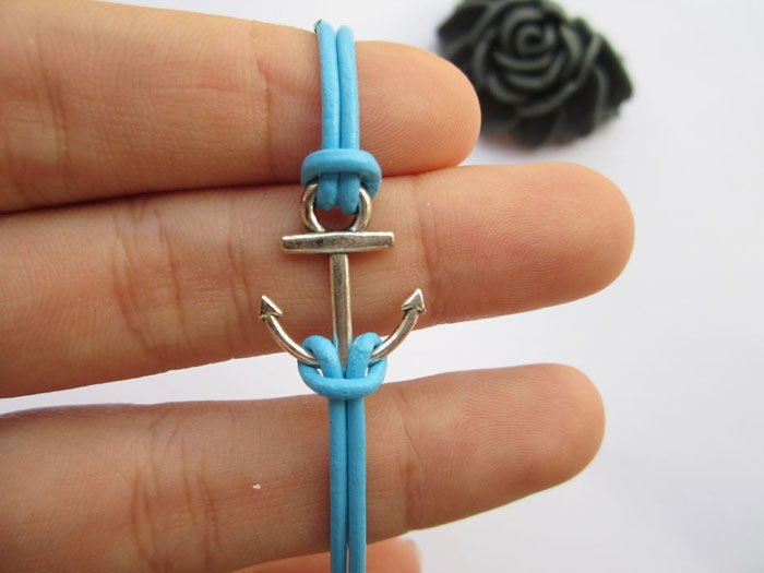 Symbol Bracelet---antique silver little anchor&light blue leather chain