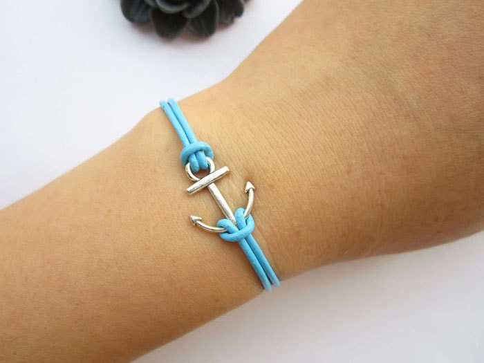 Symbol Bracelet---antique silver little anchor&light blue leather chain