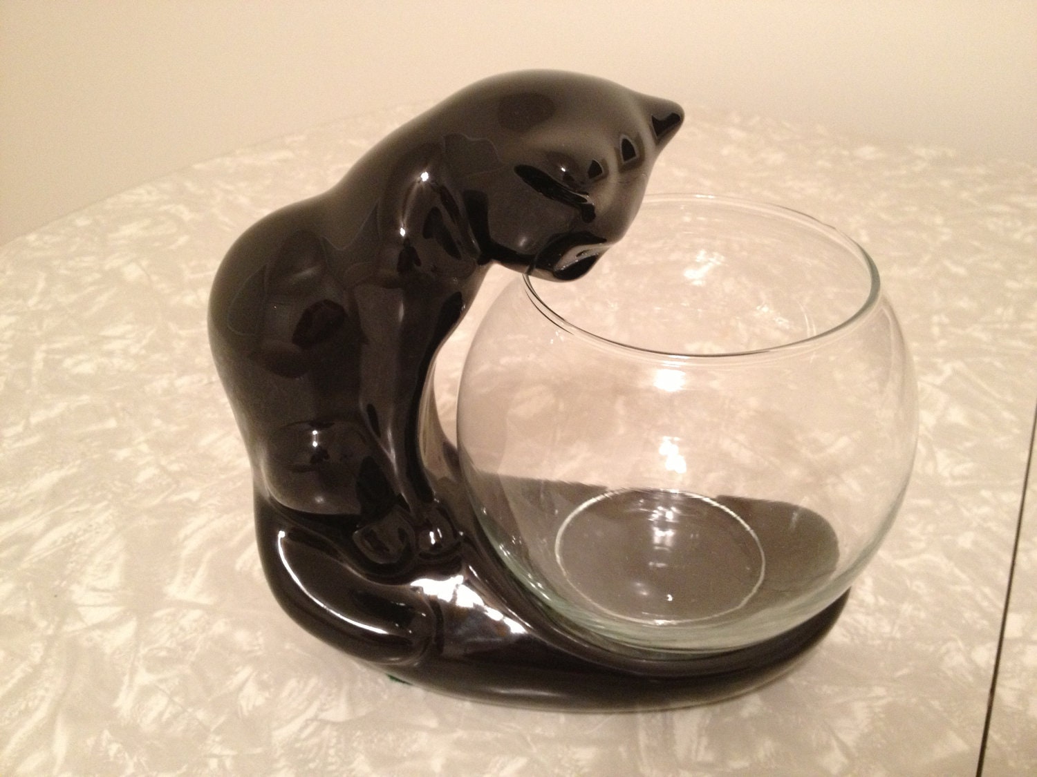 Vintage black ceramic cat with fishbowl by snugglepotant on Etsy