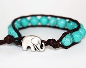 Elephant Bracelet, Leather Beaded Wrap Bracelet 1x, Elephant Jewelry, Turquoise Blue, Boho Chic, Lucky Jewelry, Good Luck