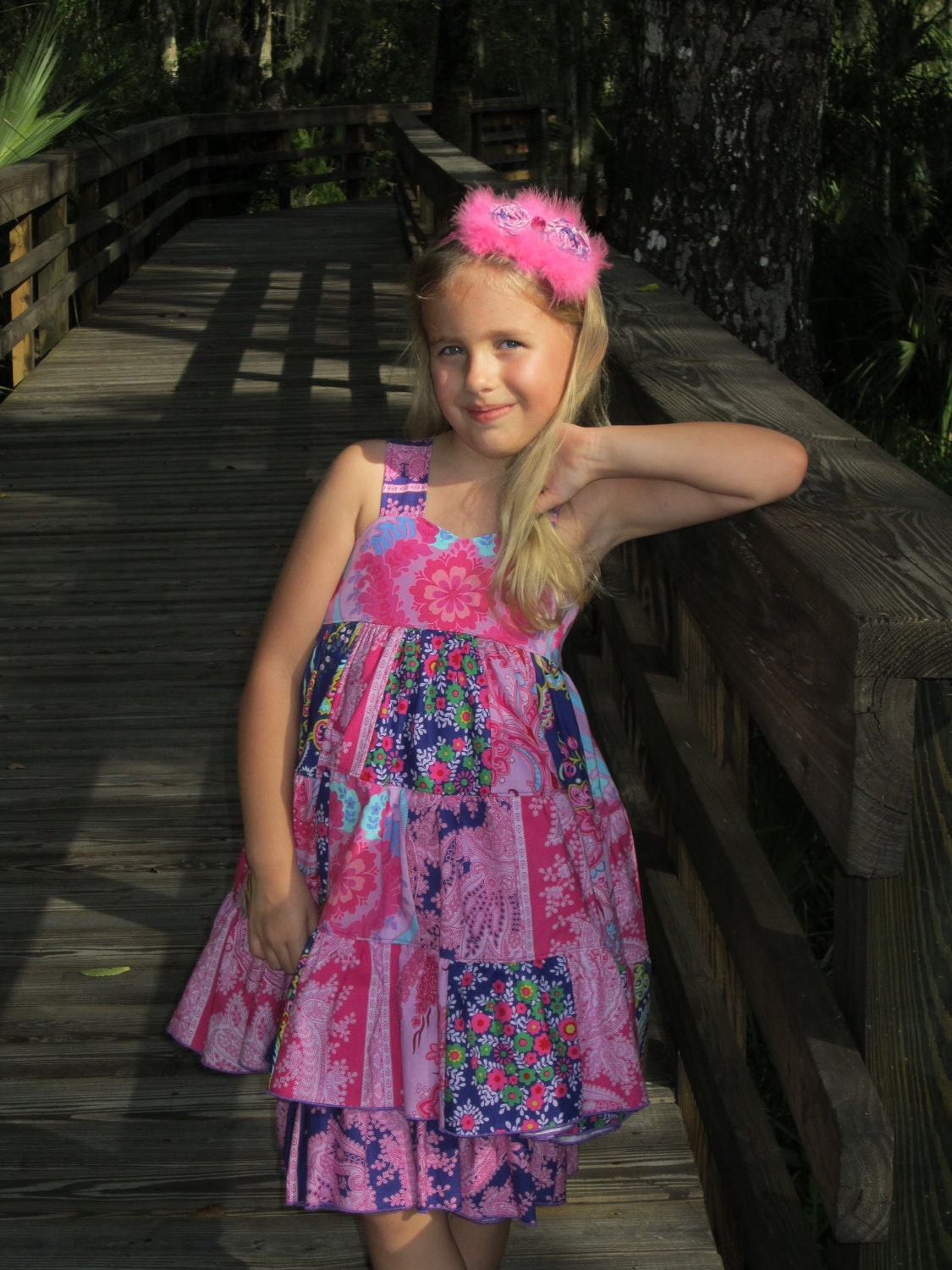 Crazy Love Patchwork Twirl Boho Dress Size 6 Three Tiers Two Layers Tie Back Adjustable Straps Handmade Ready to Ship