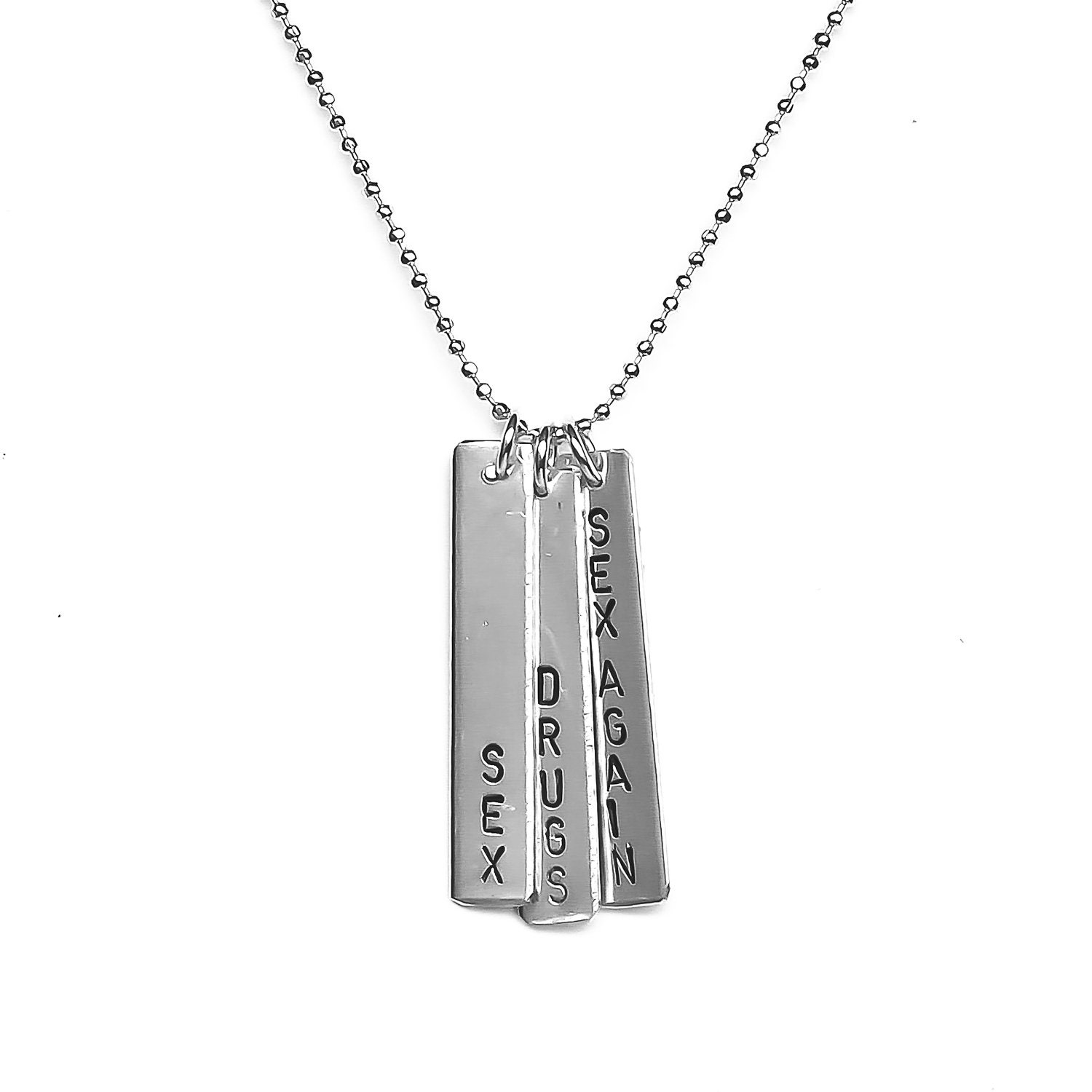 Sex, Drugs & Sex Again / words on silver tags necklace (MS11)