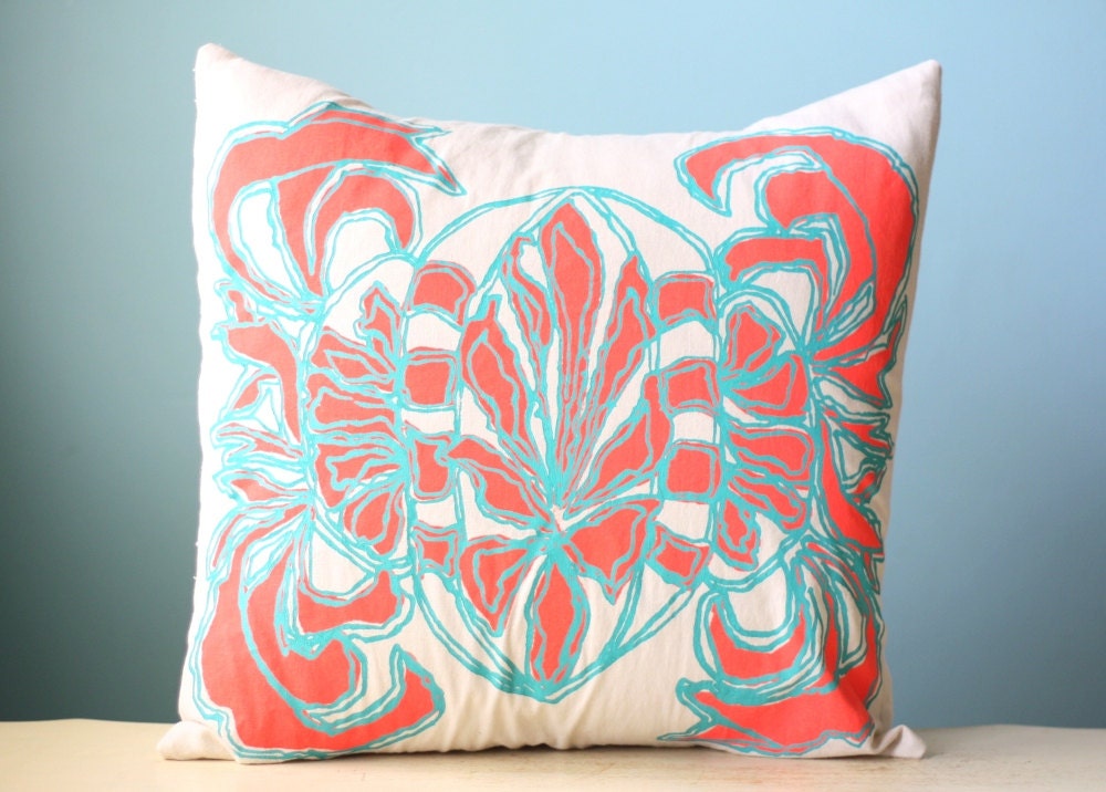 Flower Linen Pillow Cover Decorative Cushion Throw 18x18 Floral Design Coral Orange Turquoise Teal Hand-Printed Screen Print Hostess Gift
