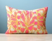 Flower Linen Pillow Cover Decorative Cushion Throw 12x16 Lumbar Floral Design Hot Pink Yellow Hand-Printed Screen Print Hostess Gift