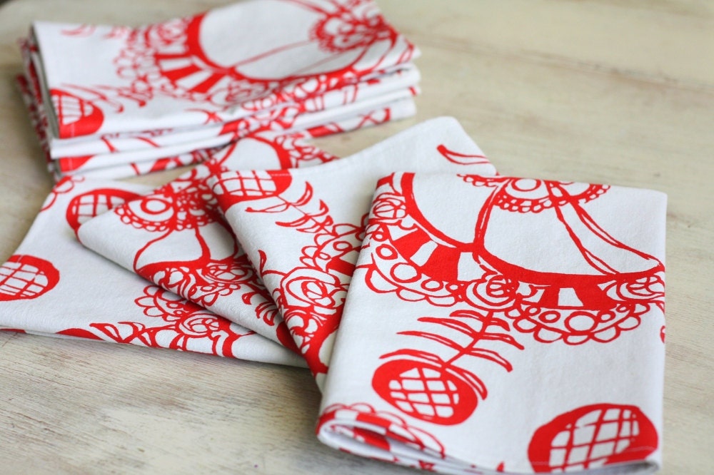 Linen Dinner Napkin Single Modern Red Pumpkin Blossom Screen Print 18" Square Cloth Entertaining Hostess Gift