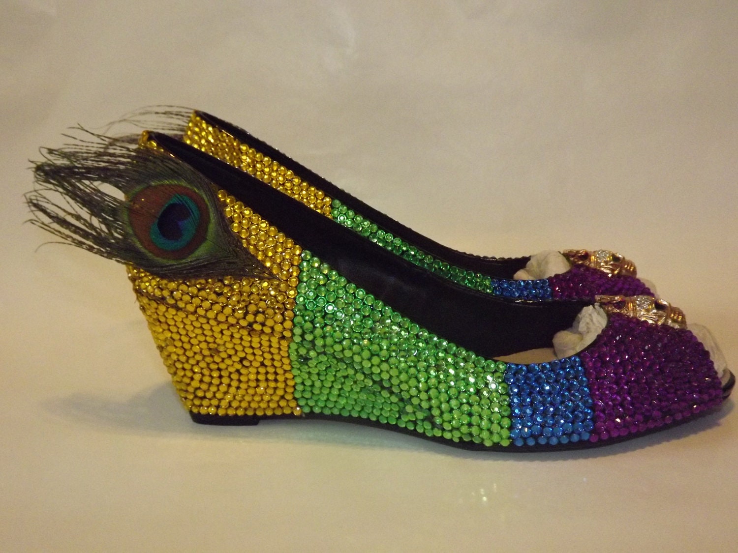 MADE TO ORDER Rhinestone Bling Wedge Heels Peacock