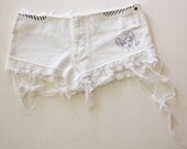 White Denim Cut-off Shorts - High Fashion Hot Pants - Ripped Denim Shorts - Grunge Denim