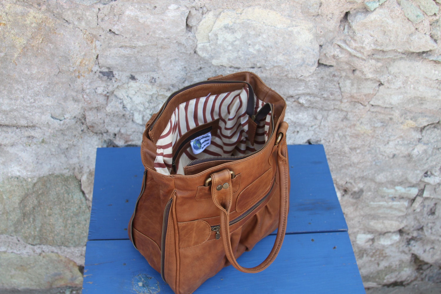 Brown Leather Handbag Purse Expandable