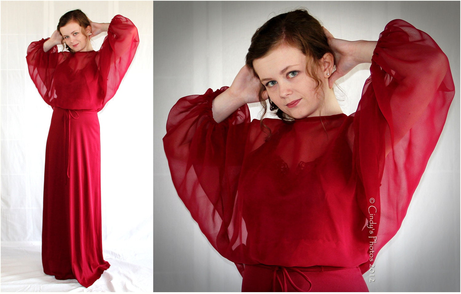 Bombshell Ruby Red Maxi Dress / Vintage Party Wedding Prom / Sheer Chiffon Caplet / Grecian Glamour/ Circa 70s