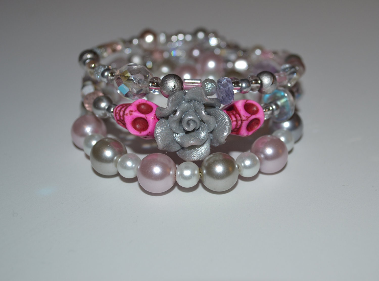 Cotton Candy Pink and Silver Beaded Sugar Skull Memory Wire Bracelet