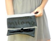 30% SALE Fold Over Clutch, Black and Gray Purse, Handbag, Cosmetic Bag, Linen and PVC Pouch
