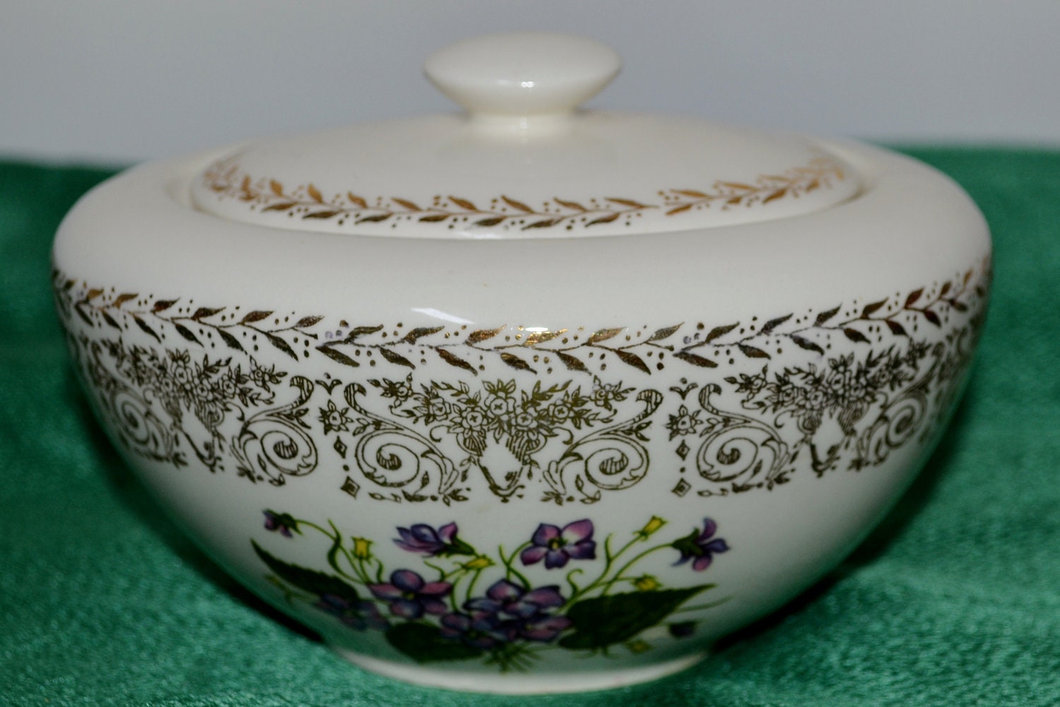 Vintage China Sugar Bowl Violets and Gold by grannysbackporchvint