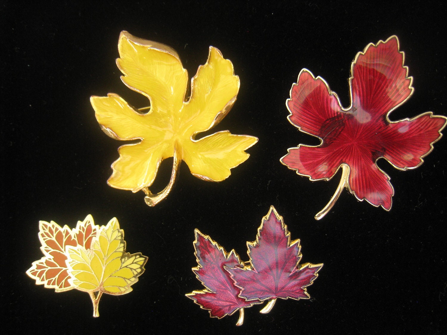 RESERVED until 9/22/12 for KR Lot of 4 Vintage Fall Leaf Brooches Enameled in Yellow, Orange, Red,  in Varied Sizes, Designs, and Condition