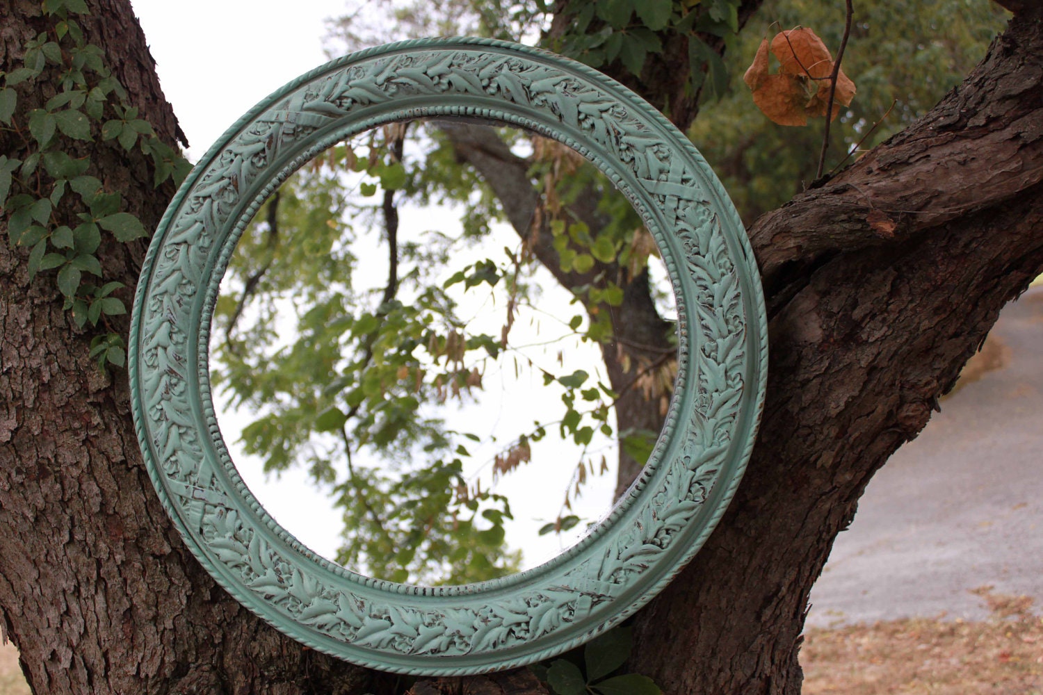 Vintage round Seafoam Green Mirror - Ornate Circle Mirror - Vintage Ornate Mirror - Shabby Chic - Boho