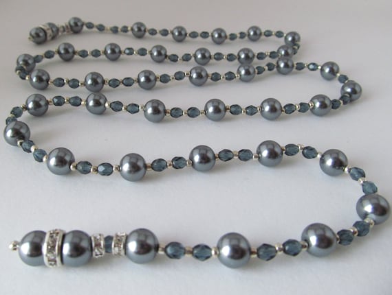 Lariat Necklace Featuring Pearls, Swarovski Sapphire Crystals and Sterling Silver