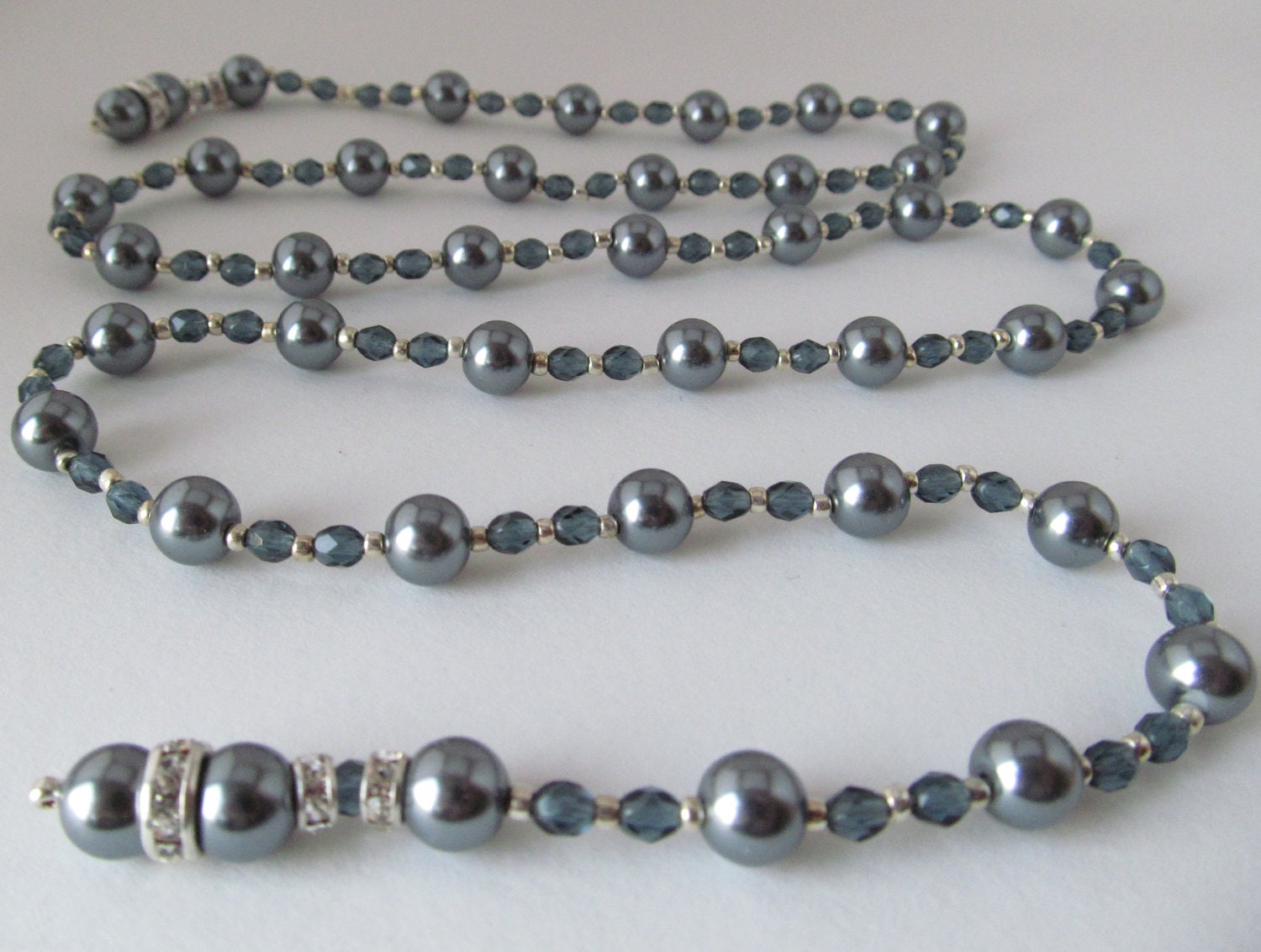 Lariat Necklace Featuring Pearls, Swarovski Sapphire Crystals and Sterling Silver
