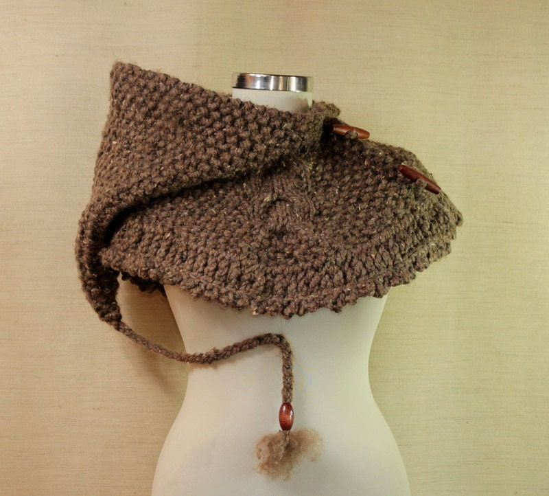 Knit Cable Grey Hooded Poncho Cape / Thick Hoodie Hood, Pixie, Elf, Snow Cape / Fall - Winter Accessories