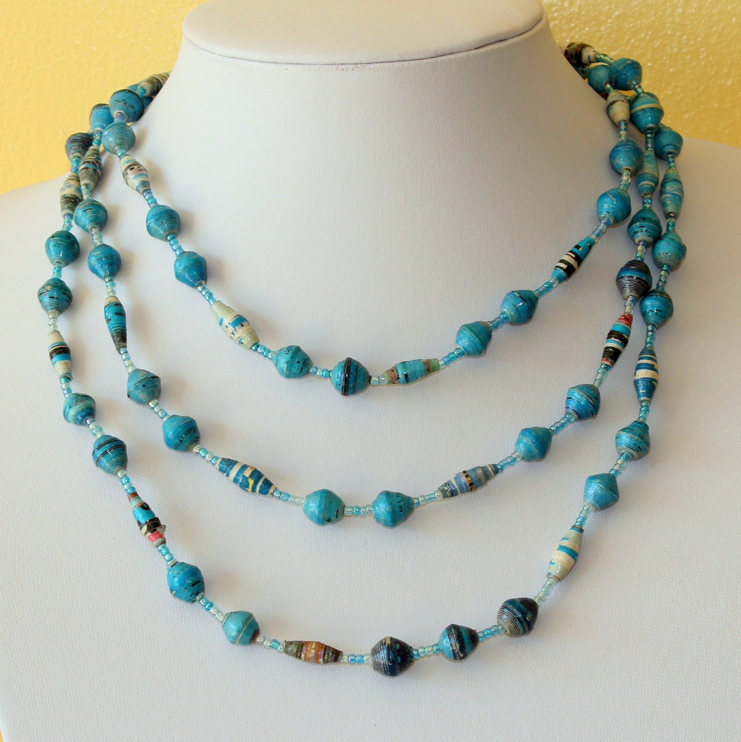 Multi Color Paper Beads Necklace. Extra Long Lariat. Papier Mache Beads. Ethnic Style. Hand Rolled. Paper Marche PS28. MapenziGems