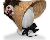 Austentation Jane Austen Regency 1812 Poke Bonnet: Black and White Eliza with Vintage Cherries