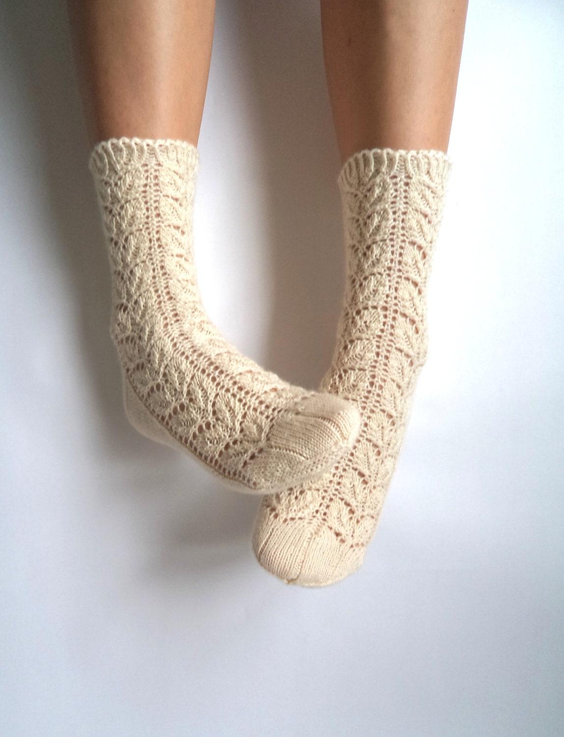 Off white lace socks. Hand-knit wool socks. Wool socks. Lace socks. Knit socks. Highest quality sock yarn.