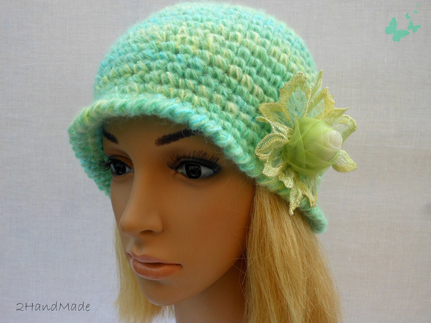Chunky Crochet Womens Ladies Teens 192O Elegant Flapper Cloche beanie brimmed Hat Lime Green Yellow Mohair Angora Wool Vintage Style