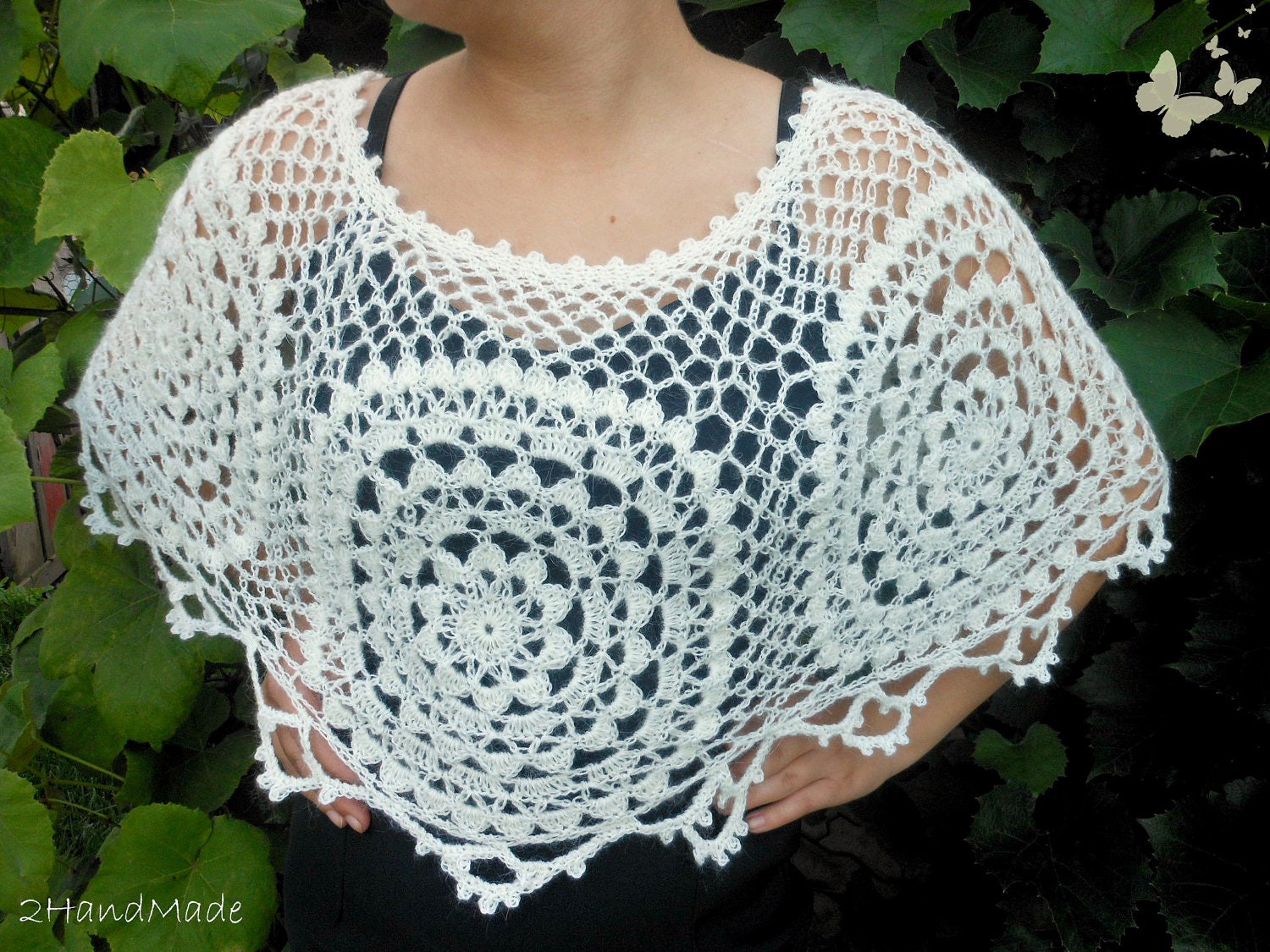 Lace Crochet Motifs Capelet Ivory Weddings Kid Mohair Angora Wool Shawl Wrap Women Ladys Bridal Bridesmaid Vintage Style