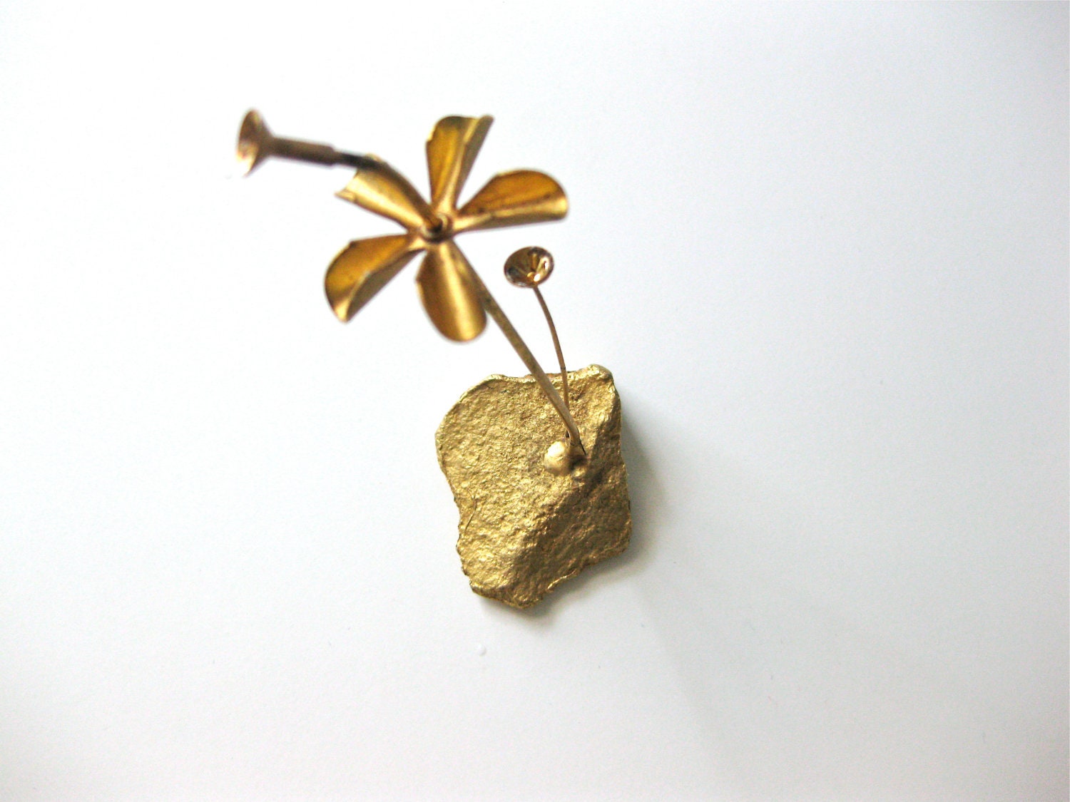 Vintage Sculpture Flowers Metal on Gold Stone Modern Home Decor Art