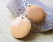 Dangle Drop Earrings - Pastel Peach Epoxy Enamel Circle Discs - Sterling Silver Plated over Brass