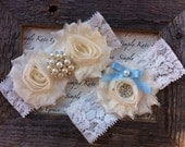 Wedding Garter- Vintage Wedding Bridal Garter and Toss Garter- Something Blue- Ivory and Pearl Rhinestone Garter-Toss Garter