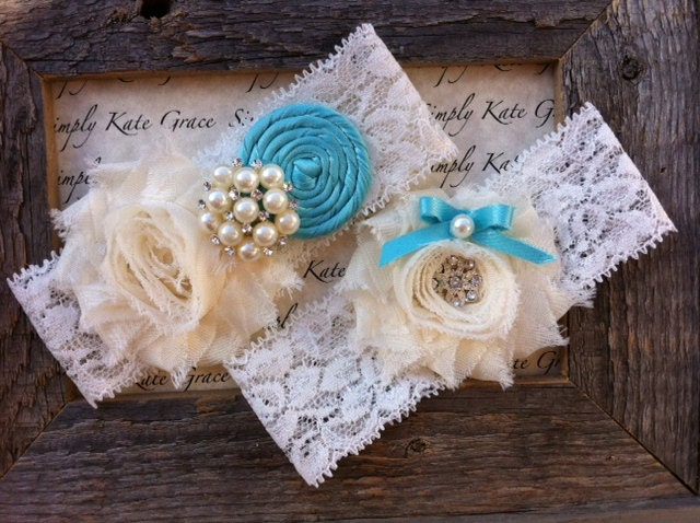 Wedding Garter- Vintage Wedding Bridal Garter and Toss Garter- Ivory and Tiffany Blue Wedding Garter-Toss Garter
