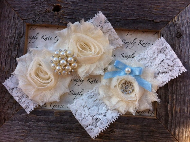 Wedding Garter- Vintage Wedding Bridal Garter and Toss Garter- Something Blue- Ivory and Pearl Rhinestone Garter-Toss Garter