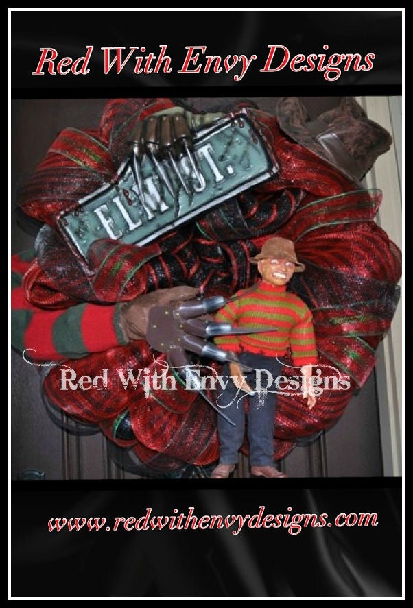 Halloween Wreath, Deco Mesh Wreath, Mesh Wreath, Orange Wreath, Black Wreath, OOAK Wreath, Halloween, Spiral Wreath, Freddy Krueger, Freddy