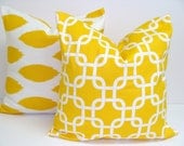 Yellow Pillow Set.TWO PIECE SET.18x18 inch.Pillow Cover Set.Printed Fabric Front and Back.Ikat and Geometric.Yellow Pillows
