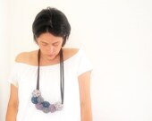 Jersey long necklace fabric flowers beads teal blue grey lilac OOAK handmade - ready to ship
